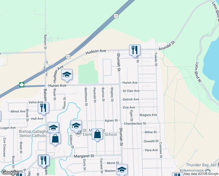 map of restaurants, bars, coffee shops, grocery stores, and more near 173 Shipley Street in Thunder Bay