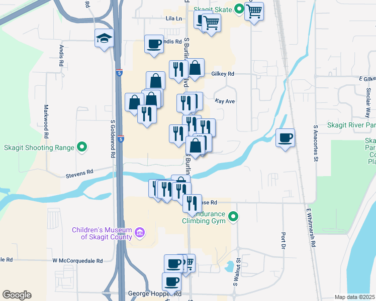map of restaurants, bars, coffee shops, grocery stores, and more near South Burlington Boulevard in Burlington