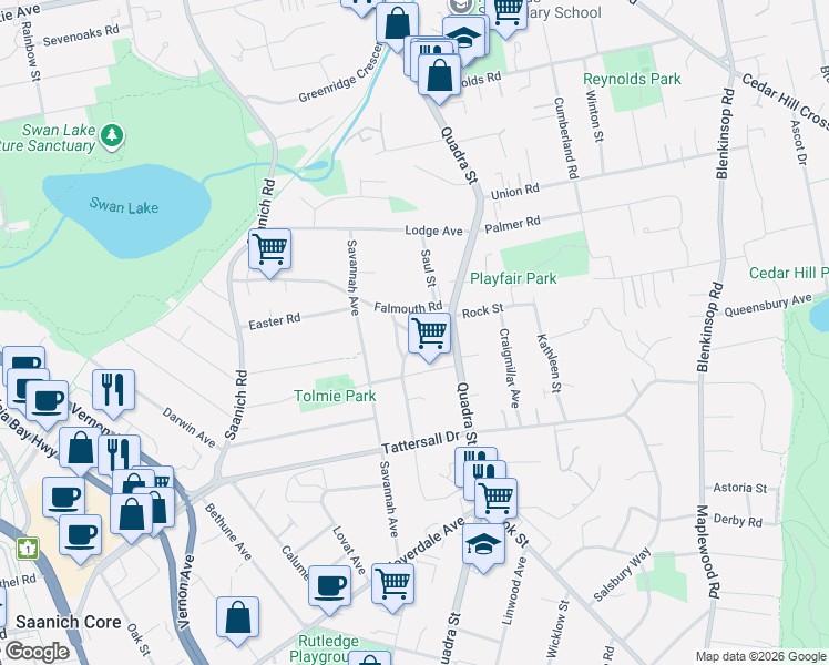 map of restaurants, bars, coffee shops, grocery stores, and more near 1051 Falmouth Road in Victoria