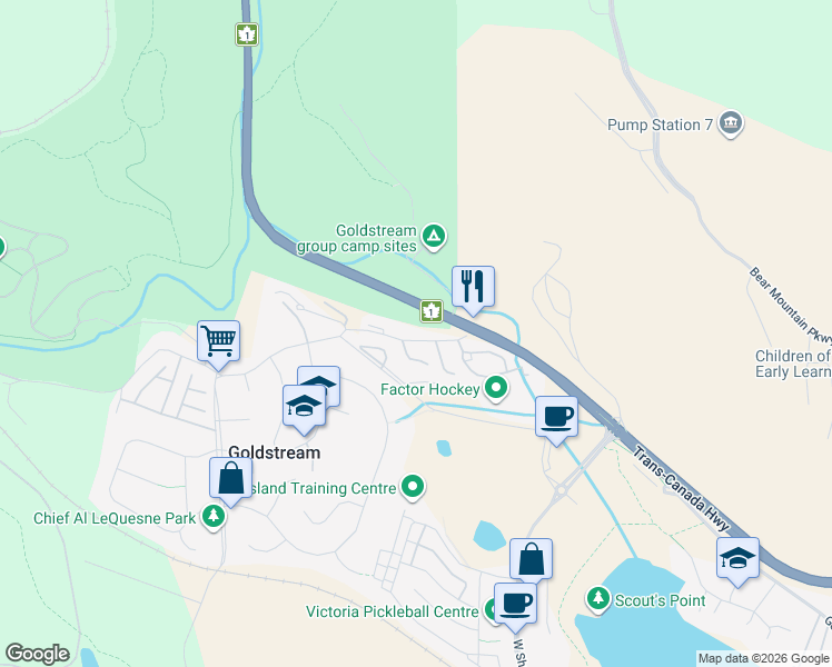 map of restaurants, bars, coffee shops, grocery stores, and more near 2824 Sooke Lake Road in Victoria