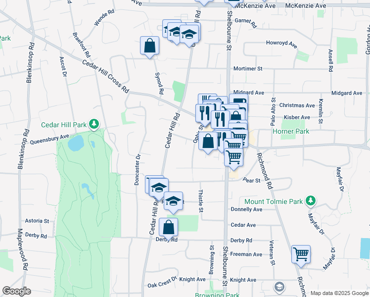 map of restaurants, bars, coffee shops, grocery stores, and more near 1521 Church Avenue in Victoria
