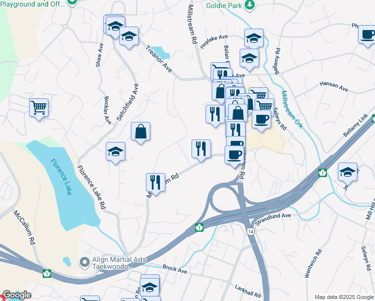 map of restaurants, bars, coffee shops, grocery stores, and more near 2465 Gateway Road in Langford