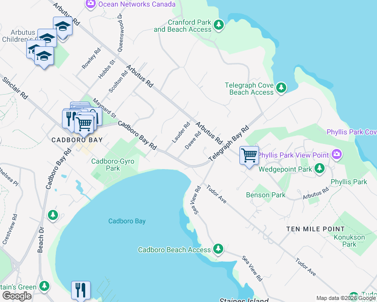 map of restaurants, bars, coffee shops, grocery stores, and more near 3919 Dawe Road in Victoria