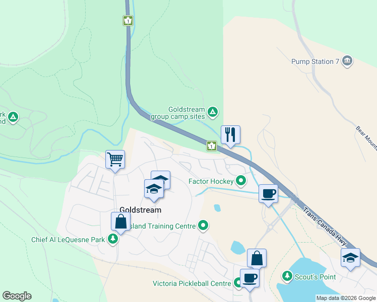 map of restaurants, bars, coffee shops, grocery stores, and more near 2844 Sooke Lake Road in Victoria