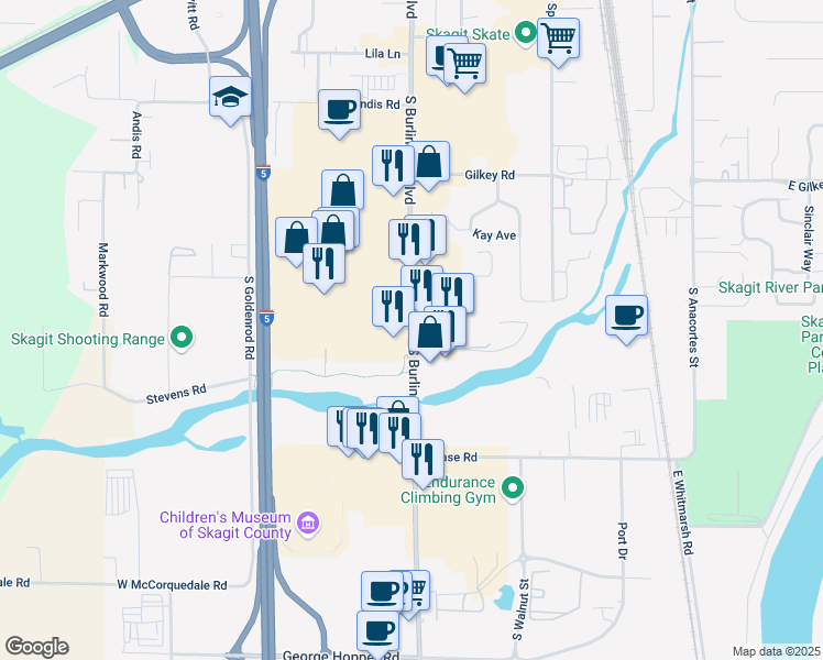 map of restaurants, bars, coffee shops, grocery stores, and more near South Burlington Boulevard in Burlington