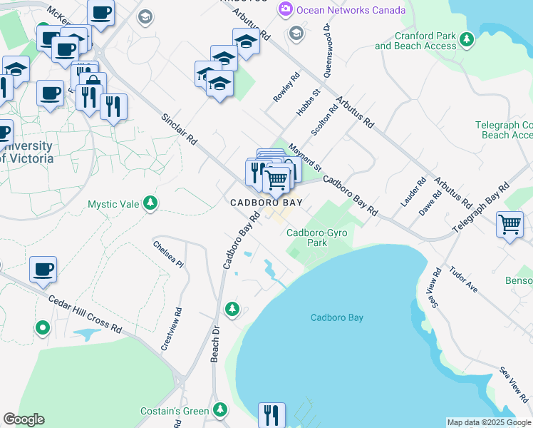 map of restaurants, bars, coffee shops, grocery stores, and more near 2585 Sinclair Road in Victoria