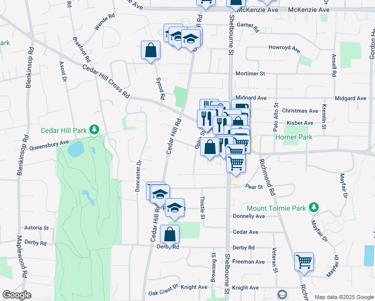 map of restaurants, bars, coffee shops, grocery stores, and more near 3682 Ophir Street in Victoria
