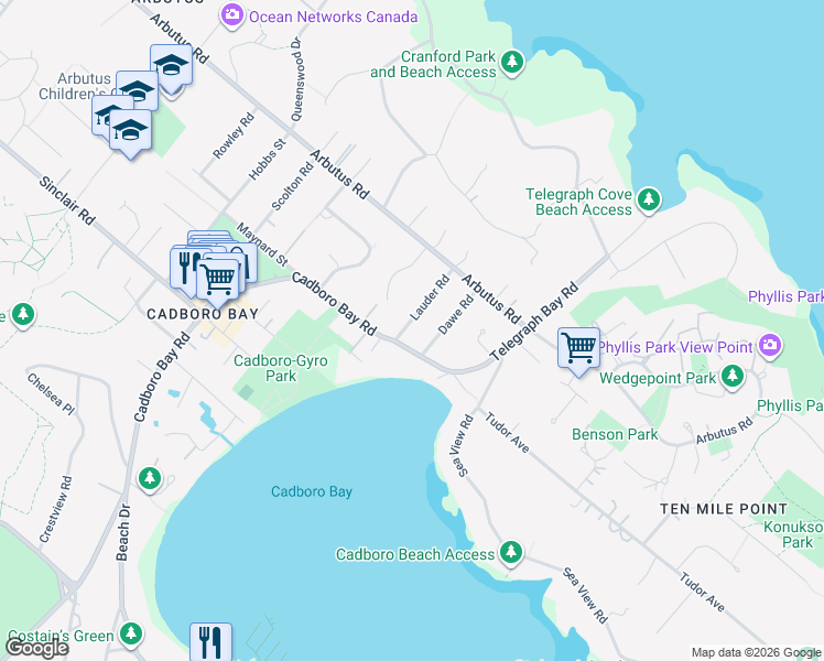 map of restaurants, bars, coffee shops, grocery stores, and more near 3903 Lauder Road in Victoria