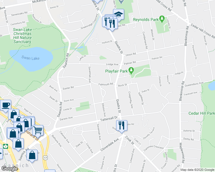 map of restaurants, bars, coffee shops, grocery stores, and more near 1051 Falmouth Road in Victoria