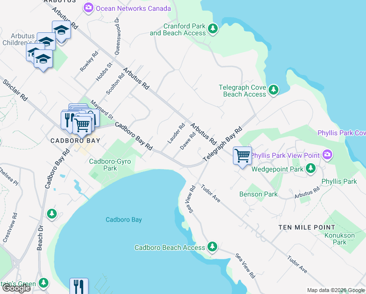 map of restaurants, bars, coffee shops, grocery stores, and more near 3919 Dawe Road in Victoria