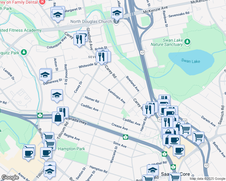 map of restaurants, bars, coffee shops, grocery stores, and more near 190 Kamloops Avenue in Victoria