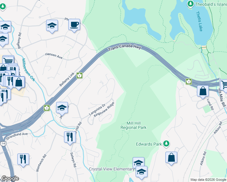map of restaurants, bars, coffee shops, grocery stores, and more near Langvista Drive in Victoria