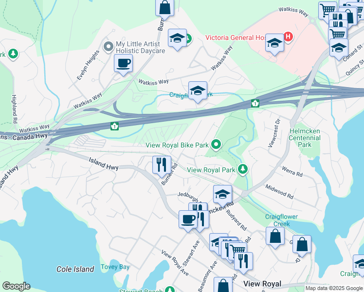 map of restaurants, bars, coffee shops, grocery stores, and more near 121 Burnett Road in Victoria