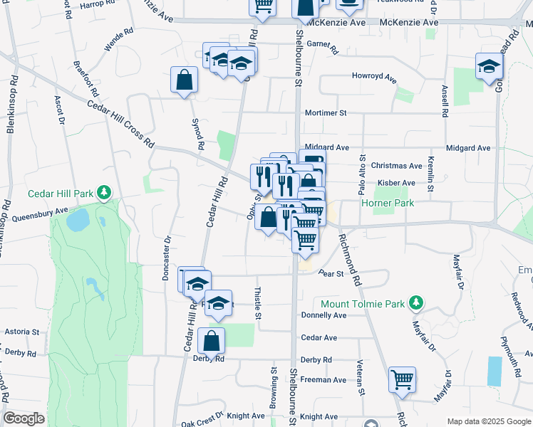 map of restaurants, bars, coffee shops, grocery stores, and more near 1550 Church Avenue in Victoria
