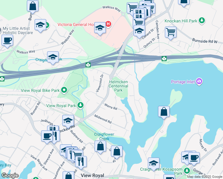 map of restaurants, bars, coffee shops, grocery stores, and more near 170 Helmcken Road in Victoria