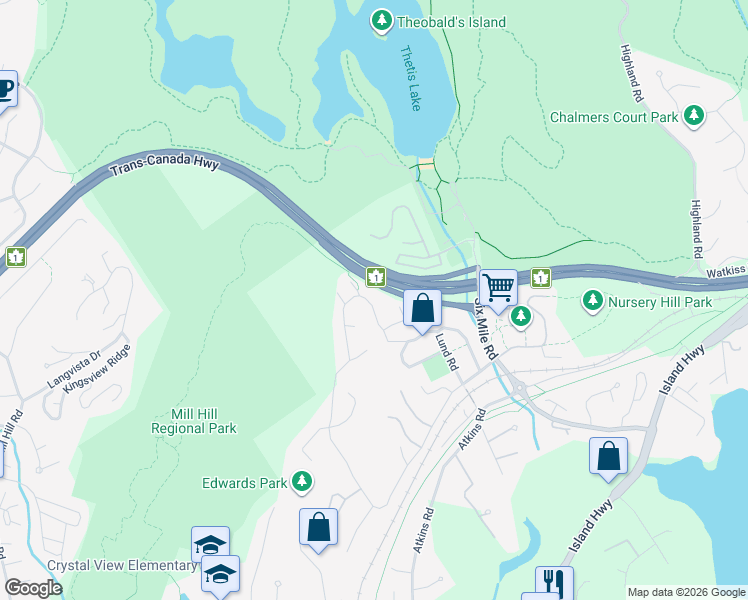 map of restaurants, bars, coffee shops, grocery stores, and more near 2385 Lund Road in Victoria