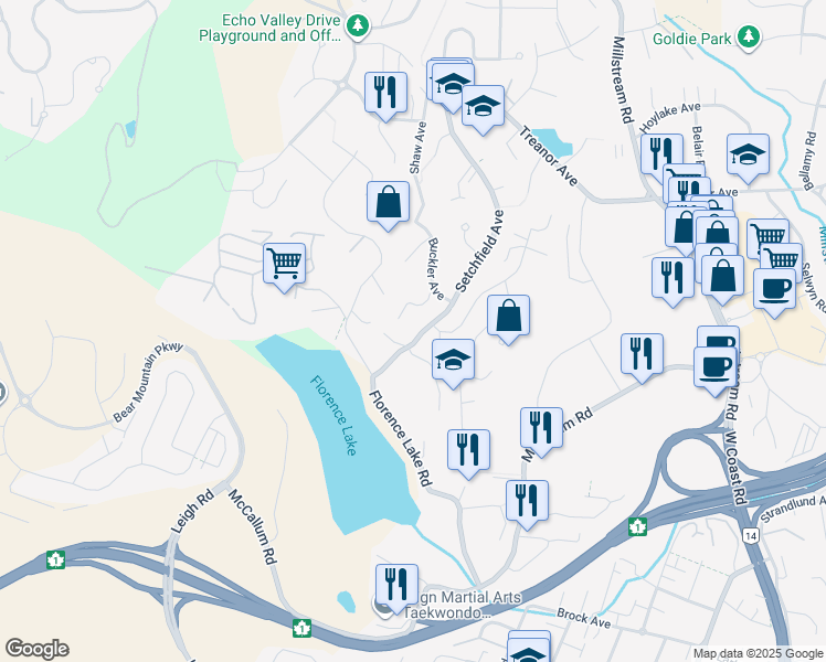 map of restaurants, bars, coffee shops, grocery stores, and more near 2466 Setchfield Avenue in Victoria