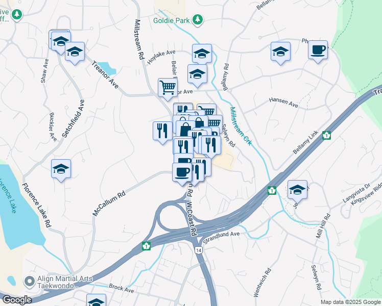 map of restaurants, bars, coffee shops, grocery stores, and more near 697 Sunshine Terrace in Victoria