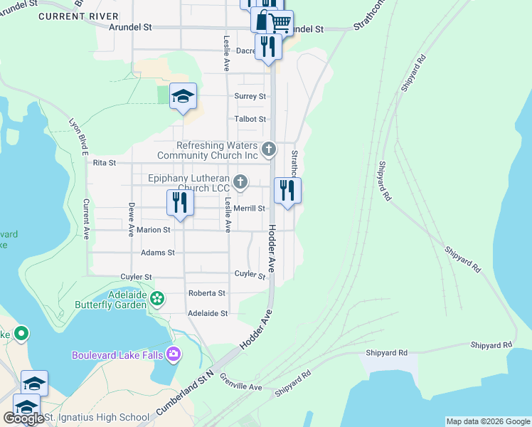 map of restaurants, bars, coffee shops, grocery stores, and more near 315 Hodder Avenue in Thunder Bay