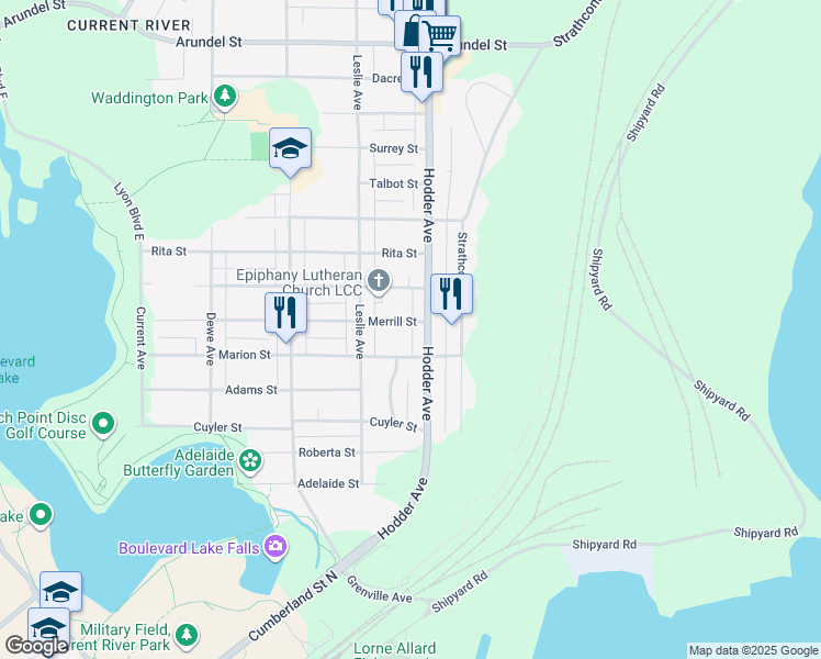 map of restaurants, bars, coffee shops, grocery stores, and more near 309 Merrill Street in Thunder Bay