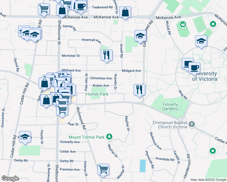 map of restaurants, bars, coffee shops, grocery stores, and more near 1760 Broadmead Avenue in Victoria