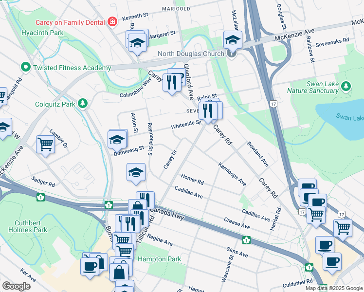 map of restaurants, bars, coffee shops, grocery stores, and more near 3789 Casey Drive in Victoria