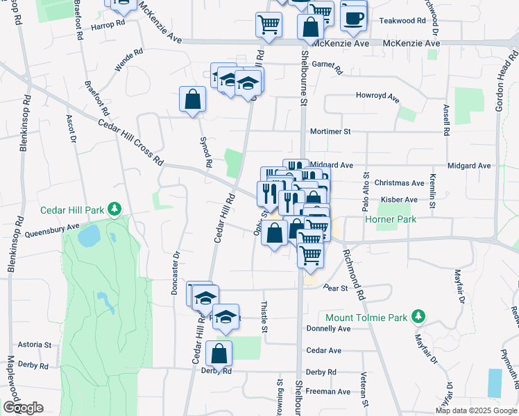 map of restaurants, bars, coffee shops, grocery stores, and more near 1527 Cedar Hill Cross Road in Victoria