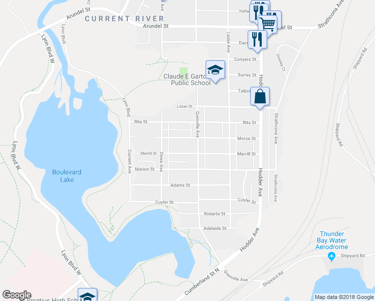 map of restaurants, bars, coffee shops, grocery stores, and more near 406 Merrill Street in Thunder Bay