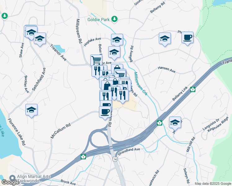 map of restaurants, bars, coffee shops, grocery stores, and more near 2401 Millstream Road in Victoria