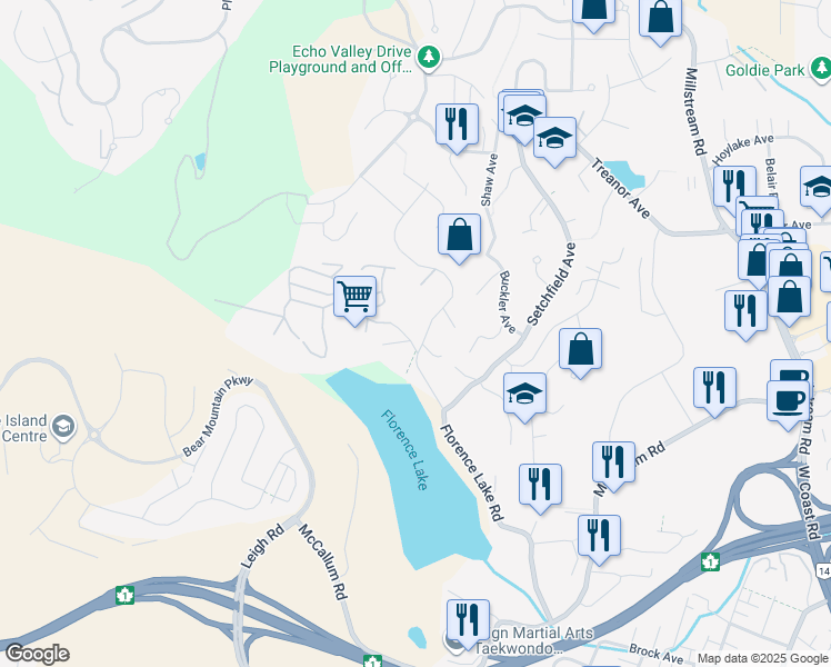 map of restaurants, bars, coffee shops, grocery stores, and more near 2517 Florence Lake Road in Victoria