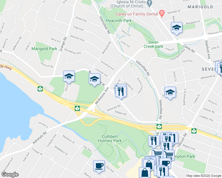 map of restaurants, bars, coffee shops, grocery stores, and more near 700 Burnside Road West in Victoria