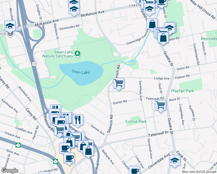 map of restaurants, bars, coffee shops, grocery stores, and more near Saanich Road in Victoria