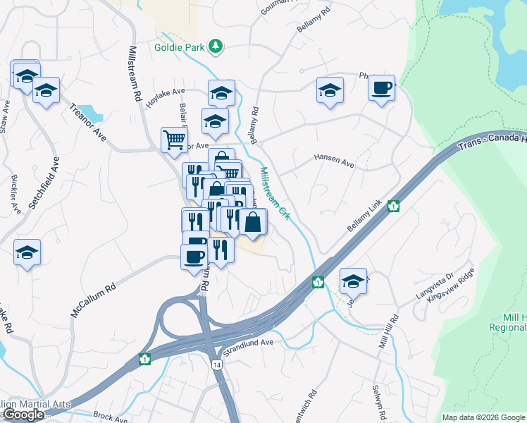 map of restaurants, bars, coffee shops, grocery stores, and more near 2417 Selwyn Road in Victoria