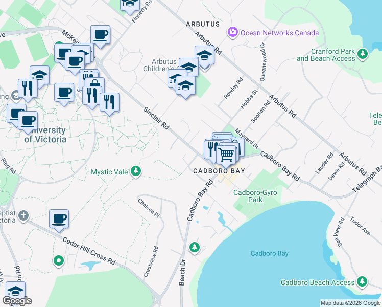 map of restaurants, bars, coffee shops, grocery stores, and more near 2537 Sinclair Road in Victoria