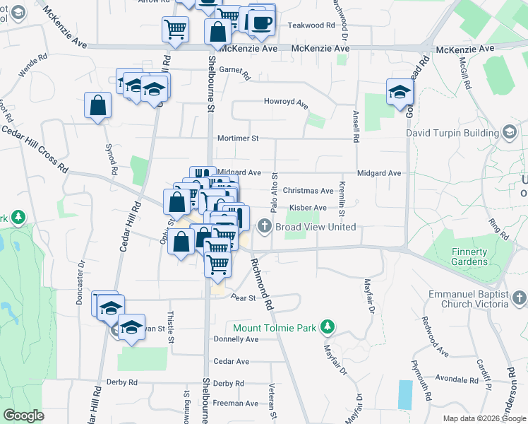 map of restaurants, bars, coffee shops, grocery stores, and more near 1689 Kisber Avenue in Victoria