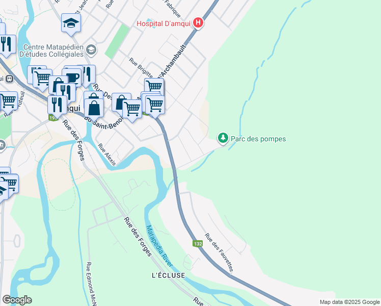 map of restaurants, bars, coffee shops, grocery stores, and more near 87 Rue Fortier in Amqui
