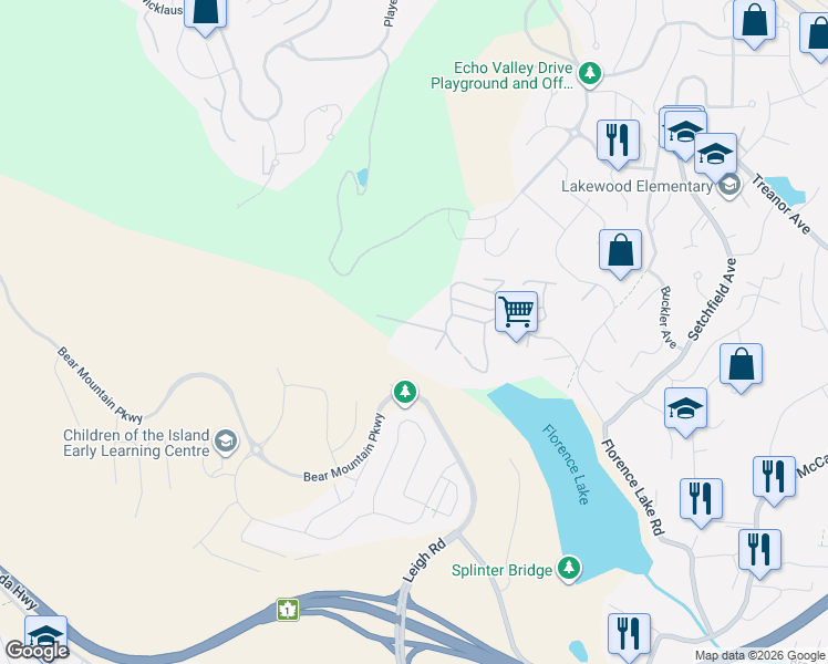 map of restaurants, bars, coffee shops, grocery stores, and more near 2500 Florence Lake Road in Langford