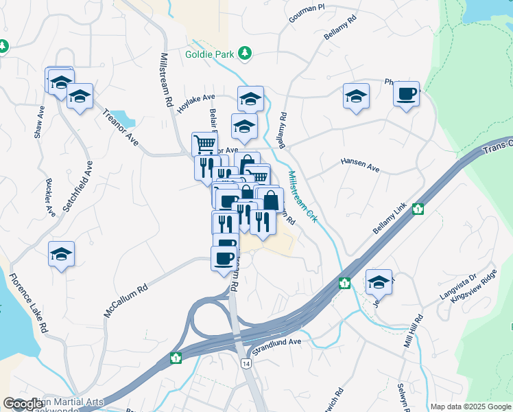 map of restaurants, bars, coffee shops, grocery stores, and more near 2401 Millstream Road in Victoria
