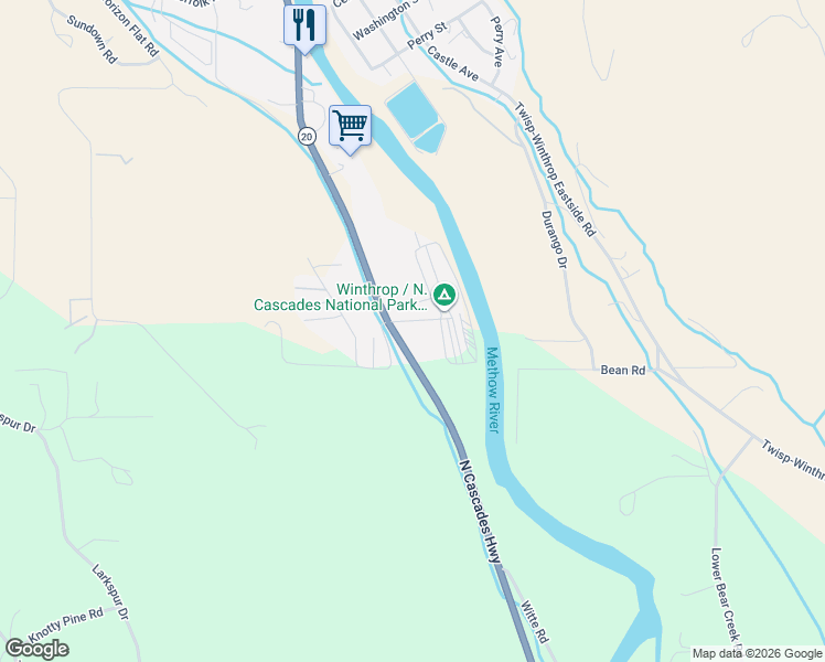 map of restaurants, bars, coffee shops, grocery stores, and more near 1116 Washington 20 in Winthrop