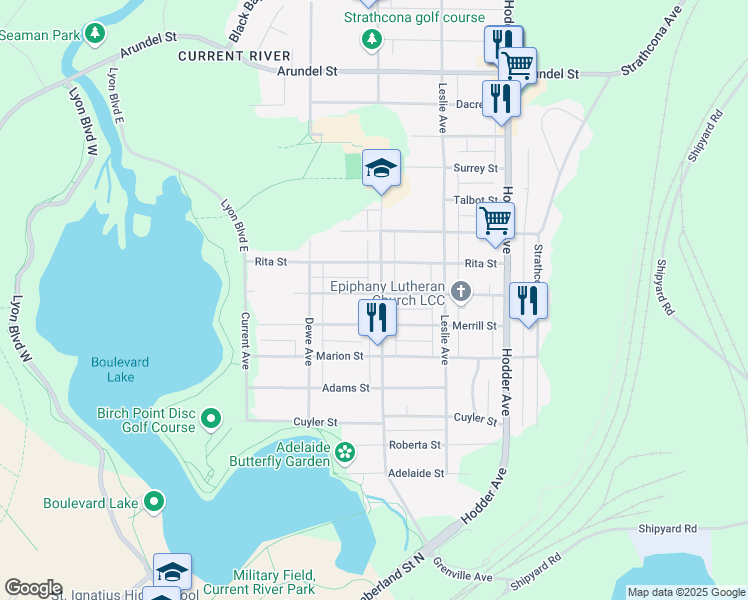 map of restaurants, bars, coffee shops, grocery stores, and more near 406 Merrill Street in Thunder Bay