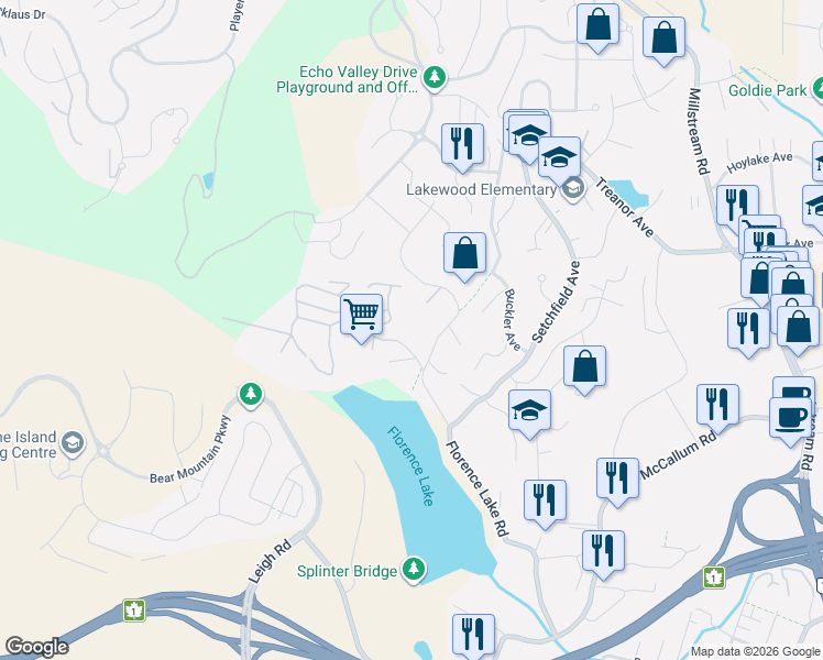 map of restaurants, bars, coffee shops, grocery stores, and more near 2517 Florence Lake Road in Victoria