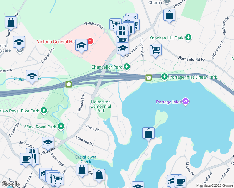 map of restaurants, bars, coffee shops, grocery stores, and more near 26 Stillwater Road in Victoria