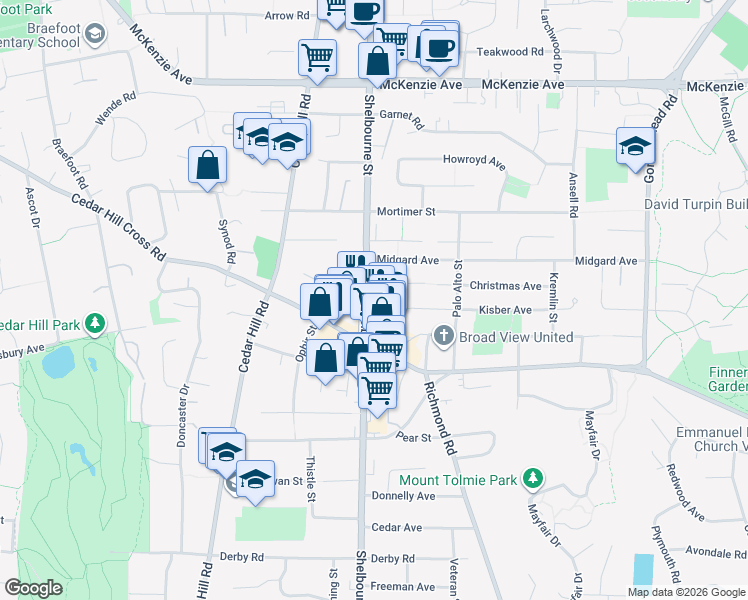 map of restaurants, bars, coffee shops, grocery stores, and more near 3819 Shelbourne Street in Victoria