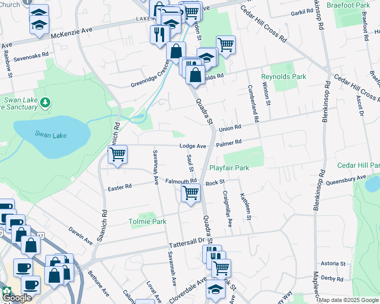 map of restaurants, bars, coffee shops, grocery stores, and more near 1065 Saul Street in Victoria