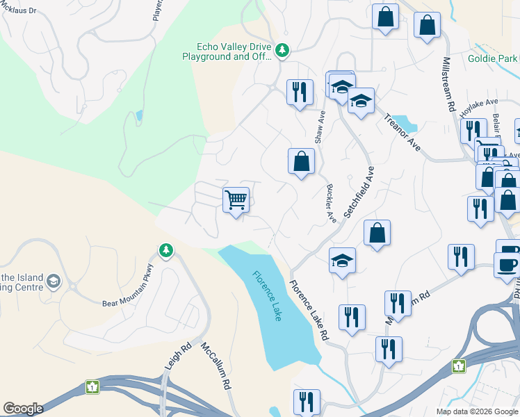 map of restaurants, bars, coffee shops, grocery stores, and more near 2517 Florence Lake Road in Victoria
