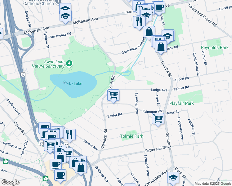 map of restaurants, bars, coffee shops, grocery stores, and more near 915 Lodge Avenue in Victoria