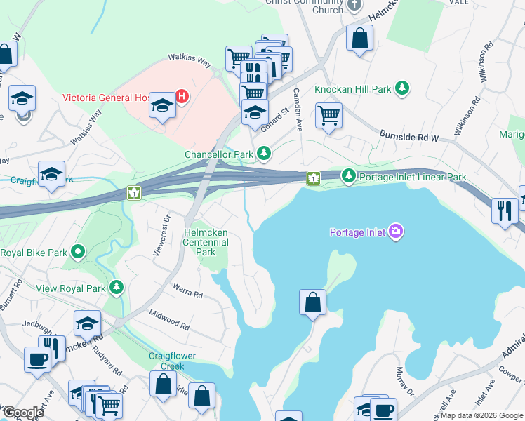 map of restaurants, bars, coffee shops, grocery stores, and more near 118 Chancellor Avenue in Victoria