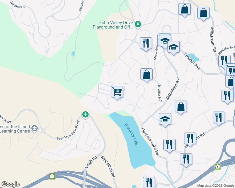 map of restaurants, bars, coffee shops, grocery stores, and more near 2500 Florence Lake Road in Victoria
