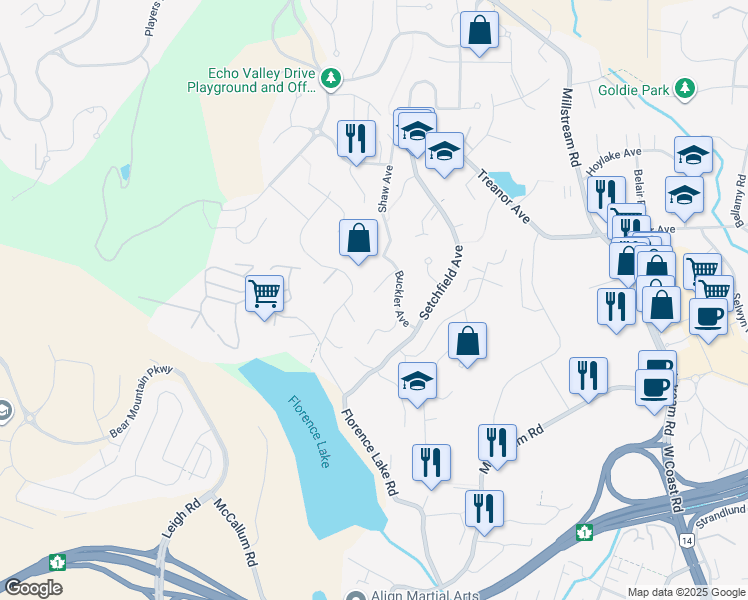 map of restaurants, bars, coffee shops, grocery stores, and more near 2461 Earls Court in Victoria