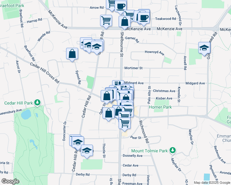 map of restaurants, bars, coffee shops, grocery stores, and more near 3820 Shelbourne Street in Victoria
